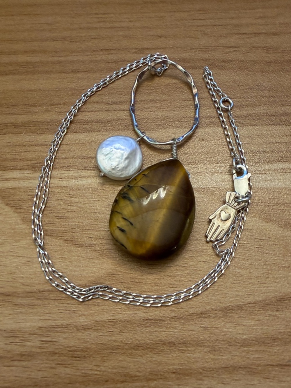 Sterling Silver Necklace with Brown Tiger Eye Teardrop and White Coin Pearl